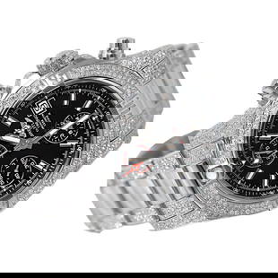 Breitling Avenger II Chronograph Black Dial: Breitling Avenger II Chronograph Black Dial Fully Iced Out Stainless Steel Watch Creator: Breitling Case Material: Stainless Steel Stone: Diamond Stone Cut: Round Cut Strap Material: Stainless Steel <