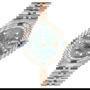 Rolex Ladies Rose Gold Datejust Blue: Rolex Ladies Rose Gold Datejust Blue MOP Diamond Dial Sapphire / Diamond Bezel Creator: Rolex Case Material: Stainless Steel Stone: Diamond Stone Cut: Bead Strap Material: Stainless Steel Case Sha