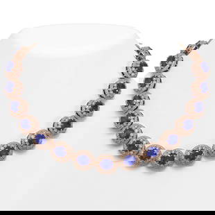 111.75 ctw Sapphire & Diamond Victorian Necklace 14K Rose Gold: 111.75 ctw Sapphire & Diamond Victorian Necklace 14K Rose Gold Item: Sapphire NecklaceTotal Gem weight: 111.75 carats Metal: Solid 14K Rose Gold Gold Product Weight: Approx. 118.6 grams Jewelry