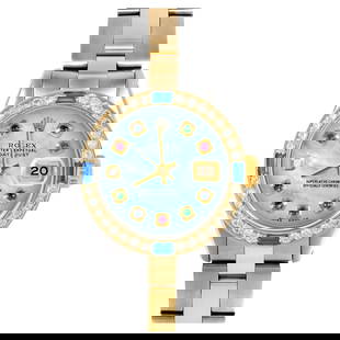 Rolex Ladies Datejust Blue MOP Rainbow: Rolex Ladies Datejust Blue MOP Rainbow Diamond Dial Sapphire Diamond Bezel Watch Creator: Rolex Design: Datejust WatchDatejust Collection Case Material: Stainless Steel Stone: Diamond Stone Cut: Bead