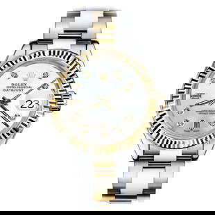 Rolex Datejust Two Tone White MOP: Rolex Datejust Two Tone White MOP Mother of Pearl with 8 + 2 Diamond Watch Creator: Rolex Design: Datejust WatchDatejust Collection Case Material: Gold, Stainless Steel Stone: Diamond Stone Cut: Round