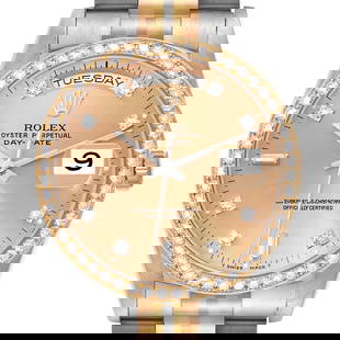 Rolex President Day-Date Tridor White Yellow: Rolex President Day-Date Tridor White Yellow Rose Gold Diamond Mens Watch 18349 SKU no: RBJ56282 Brand: Rolex Model Name: Rolex President Day-Date Tridor White Yellow Rose Gold Diamond Mens Watch 1834