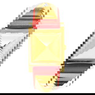 Hermes Medor Collier de Chien Watch: Hermes Medor Collier de Chien Watch Braise leather strap Creator: Hermes Case Material: Gilt Metal, Steel Strap Material: Leather Case Shape: Square Movement: Quartz Case Dimensions: Width: 0.91 i