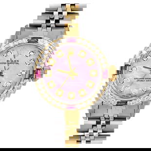Rolex Ladies TT Oyster Perpetual Pink: Rolex Ladies TT Oyster Perpetual Pink MOP Diamond Dial Ruby Diamond Bezel Watch Creator: Rolex Case Material: Stainless Steel Stone: Diamond Stone Cut: Bead Strap Material: Stainless Steel, Gold C