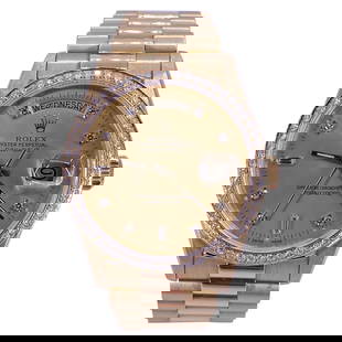 Rolex Day-Date 36 President Original Diamond: Rolex Day-Date 36 President Original Diamond Dial Custom Bezel Creator: Rolex Design: President Day Date Watch Case Material: Yellow Gold, Gold, 18k Gold Stone: Diamond, White Diamond Stone Cut: Round