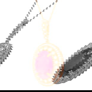 18.25 ctw Certified Ruby & Diamond Victorian Necklace 14K Rose Gold: 18.25 ctw Certified Ruby & Diamond Victorian Necklace 14K Rose Gold Item: Ruby NecklaceTotal Gem weight: 18.25 carats Metal: Solid 14K Rose Gold Gold Product Weight: Approx. 13 grams Jewelry Not