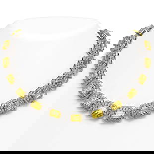 110.45 ctw Canary Citrine & Diamond Victorian Necklace 14K White Gold: 110.45 ctw Canary Citrine & Diamond Victorian Necklace 14K White Gold Item: Citrine Canary NecklaceTotal Gem weight: 110.45 carats Metal: Solid 14K White Gold Gold Product Weight: Approx. 128.4