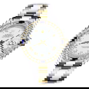 Rolex Datejust 69173 Two Tone Diamonds: Rolex Datejust 69173 Two Tone Diamonds + Sapphire Bezel White Roman Dial Watch Creator: Rolex Design: Datejust WatchDatejust Collection Case Material: Gold, Stainless Steel Stone: Diamond, Sapphire St