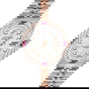 Rolex Ladies Rose Gold Datejust MOP: Rolex Ladies Rose Gold Datejust MOP Diamond Dial Ruby / Diamond Bezel Creator: Rolex Case Material: Stainless Steel Stone: Diamond Stone Cut: Bead Strap Material: Stainless Steel Case Shape: Round