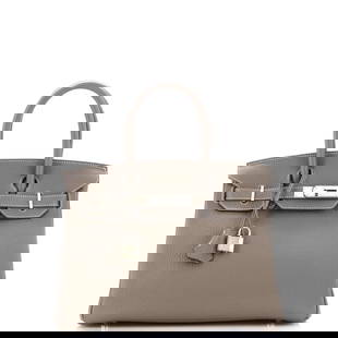 Hermes Birkin Handbag Grey Clemence with: Hermes Birkin Handbag Grey Clemence with Palladium Hardware 30 Hermes Color: Etoupe Exterior Material: Leather Interior Material: Leather Hardware Color: Palladium Accessories:
