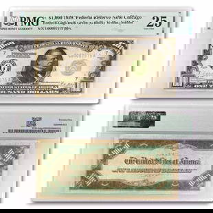 1928 (G-Chicago) $1,000 FRN VF-25 PMG: 1928 (G-Chicago) $1,000 FRN VF-25 PMG (Fr#2210-G) SKU no: RBJ88852 Year: 1928 Grade: Very Fine - 25 Grade Service: PMG Denomination: 1,000 Dollars Mint Mark: G - Chicago Metal Content: 0