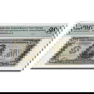 1934 (G-Chicago) $500 FRN VF-30 EPQ: 1934 (G-Chicago) $500 FRN VF-30 EPQ PMG (Fr#2201-Glgs) LGS SKU no: RBJ244297 Year: 1934 Grade: Very Fine - 30 Grade Service: PMG Denomination: 500 Dollars Mint Mark: G - Chicago Metal Con