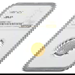 1909 $2.50 Indian Gold Quarter Eagle: 1909 $2.50 Indian Gold Quarter Eagle MS-65 NGC SKU no: RBJ166591 Year: 1909 Grade Service: NGC Denomination: 2 1/2 Dollars Metal Content: 0.1209 troy oz Purity: .900 Thickness: 1.14 mm <b
