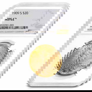1909-S $20 St Gaudens Gold Double: 1909-S $20 St Gaudens Gold Double Eagle MS-62 NGC SKU no: RBJ59499 Year: 1909 Grade Service: NGC Denomination: 20 Dollars Metal Content: 0.9675 troy oz Purity: .900 Thickness: 2.41 mm <br