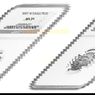2007-W 1/10 oz Burnished American Platinum: 2007-W 1/10 oz Burnished American Platinum Eagle MS-70 NGC SKU no: RBJ70351 Year: 2007 Grade Service: NGC Denomination: 10 Dollars Metal Content: 0.1 troy oz Purity: .9995 