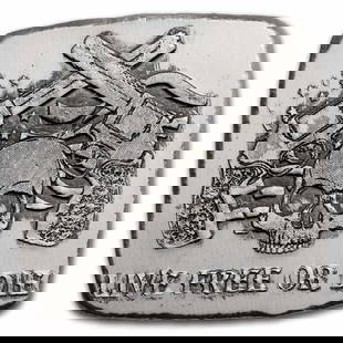 2 oz Hand Poured Silver Bar: 2 oz Hand Poured Silver Bar - Live Free or Die Skull & Guns SKU no: RBJ295062 Grade: None Grade Service: None Mint Mark: N/A - Not Available Metal Content: 2 troy oz Purity: .999 