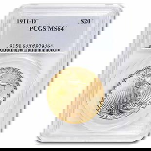 1911-D $20 St Gaudens Gold Double: 1911-D $20 St Gaudens Gold Double Eagle MS-64 PCGS SKU no: RBJ18655 Year: 1911 Grade: MS-64 Grade Service: PCGS Denomination: 20 Dollars Mint Mark: D - Denver Metal Content: 0.9675 troy o