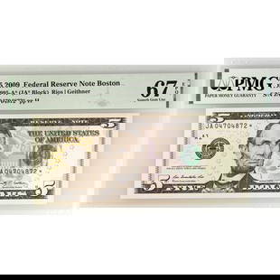 2009* (A-Boston) $5 FRN CU-67 EPQ: 2009* (A-Boston) $5 FRN CU-67 EPQ PMG (Fr#1995-A*) Star Note SKU no: RBJ304846 Year: 2009 Grade: (PMG) Superb Gem Unc - 67 Grade Service: PMG Denomination: 5 Dollars Mint Mark: A - Boston
