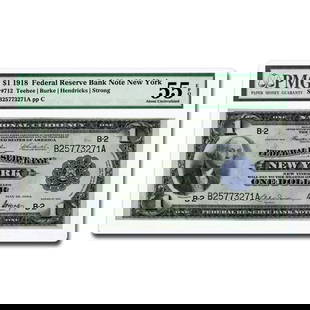 1918 (B-New York) $1.00 FRBN AU-55: 1918 (B-New York) $1.00 FRBN AU-55 EPQ PMG (Fr#712) SKU no: RBJ312078 Year: 1918 Grade: Almost Unc - 55 Grade Service: PMG Denomination: 1 Dollar Mint Mark: B - New York Metal Content: 0