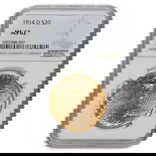 1914-D $20 St Gaudens Gold Double: 1914-D $20 St Gaudens Gold Double Eagle MS-62 NGC SKU no: RBJ4390 Year: 1914 Grade Service: NGC Denomination: 20 Dollars Metal Content: 0.9675 troy oz Purity: .900 Thickness: 2.41 mm