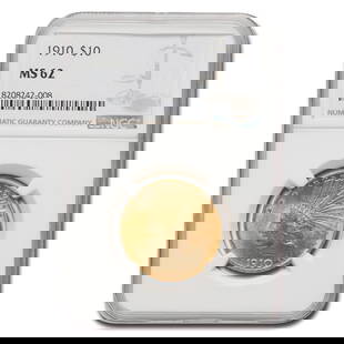 1910 $10 Indian Gold Eagle MS-62: 1910 $10 Indian Gold Eagle MS-62 NGC SKU no: RBJ11013 Year: 1910 Grade Service: NGC Denomination: 10 Dollars Metal Content: 0.4838 troy oz Purity: .900 Thickness: 2.03 mm Diamete