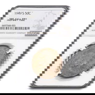 1949-S Franklin Half Dollar MS-66+ NGC: 1949-S Franklin Half Dollar MS-66+ NGC (FBL) SKU no: RBJ168963 Year: 1949 Grade Service: NGC Denomination: 50 Cents Metal Content: 0.3617 troy oz Purity: .900 Thickness: 2.15 mm