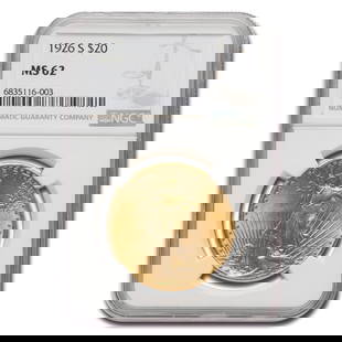 1926-S $20 St Gaudens Gold Double: 1926-S $20 St Gaudens Gold Double Eagle MS-62 NGC SKU no: RBJ290249 Year: 1926 Grade: MS-62 Grade Service: NGC Denomination: 20 Dollars Mint Mark: S - San Francisco Metal Content: 0.9675