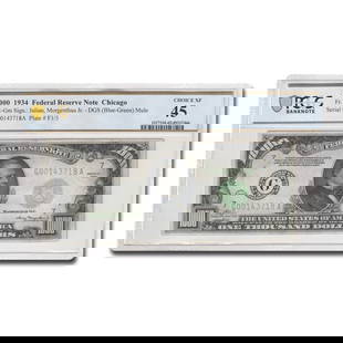 1934 (G-Chicago) $1,000 FRN Ch XF-45: 1934 (G-Chicago) $1,000 FRN Ch XF-45 PCGS DGS (Fr#2211-Gm) Mule SKU no: RBJ304759 Year: 1934 Grade: Extra Fine - 45 Grade Service: PCGS Denomination: 1,000 Dollars Mint Mark: G - Chicago