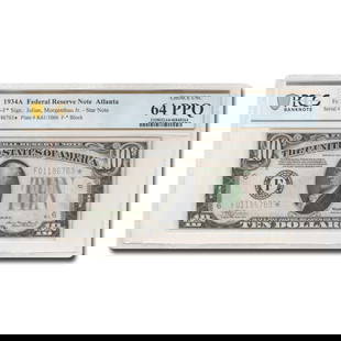 1934-A (F-Atlanta) $10 FRN Choice Unc-64: 1934-A (F-Atlanta) $10 FRN Choice Unc-64 PPQ PCGS (Fr#2006-F*) SKU no: RBJ299315 Year: 1934 Grade: (PCGS) Very Choice New - 64 Grade Service: PCGS Denomination: 10 Dollars Mint Mark: F - Atlanta <