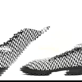 Jimmy Choo Houndstooth Crystal Embellished Cruz: Jimmy Choo Houndstooth Crystal Embellished Cruz Combat Boots 38 Black White Brand: JIMMY CHOO Condition: Shows Wear Condition Details: Exterior: Frayed, marks, Other: Worn soles, Size: 38