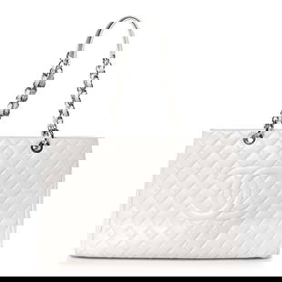 Chanel Caviar Quilted XL Grand Shopping: Chanel Caviar Quilted XL Grand Shopping Tote GST White Brand: CHANEL Condition: Shows Wear Condition Details: Exterior: Creases, structure wear, Hardware: Scratch(es), Interior: Surface wear, marks, ,
