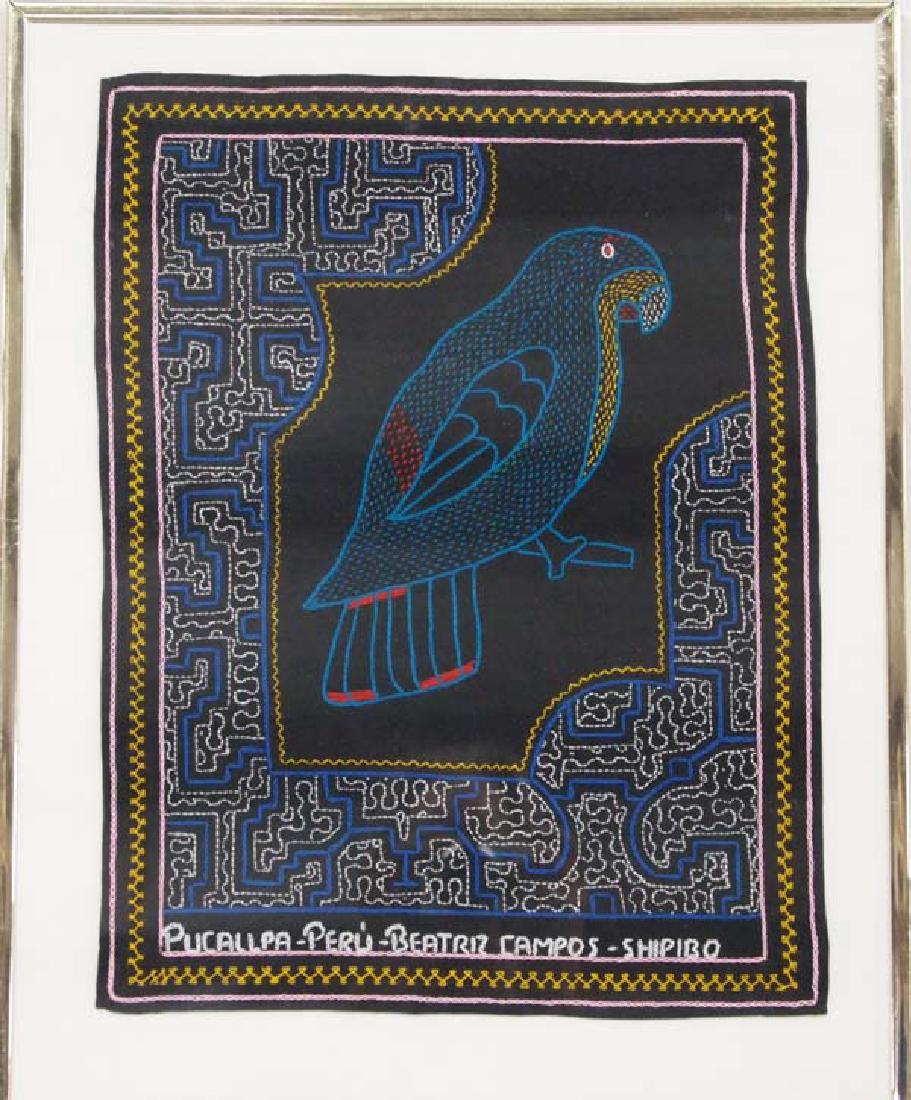 Framed Shipibo Hand Embroidered Green Parrot (1 of 3)