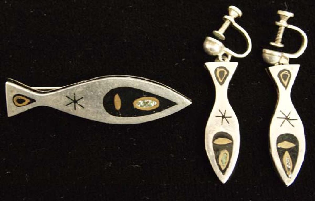 Mexican Taxco Sterling Inlay Earrings and Pin: Mexican Taxco Sterling Inlay Screwback Earrings and Pin, marked Taxco, pin measures 2''L x .5''W, all are hallmarked, earrings could easily be changed to pierced wires, 18.36g in total wt.