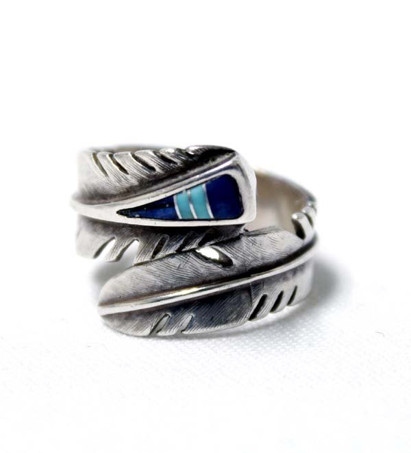 Navajo Sterling Inlay Feather Ring by M. Kirk (1 of 3)