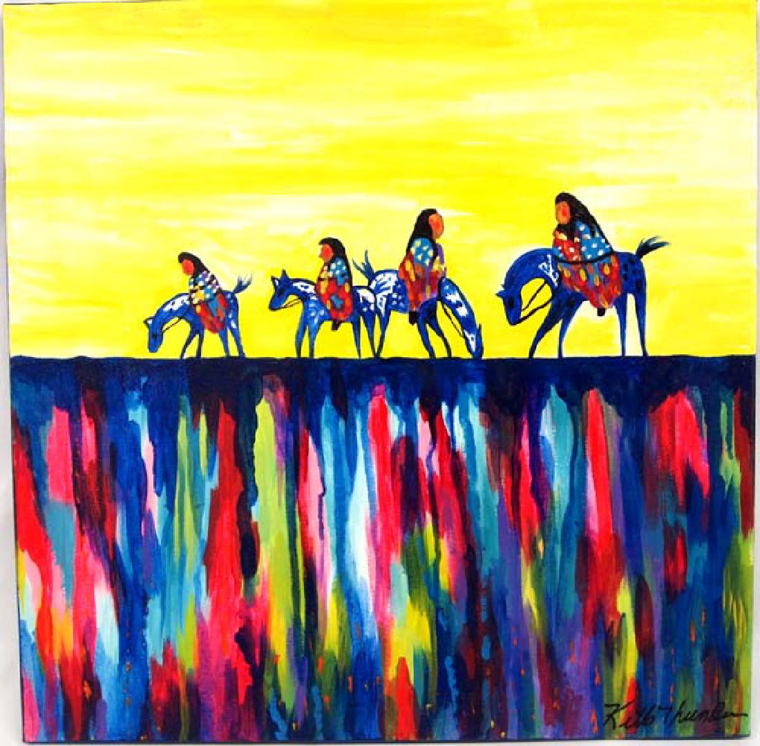 Original Acrylic Painting by Kathy Kills Thunder: Original Acrylic Painting ''Ezhno'' (Solitary) by Kathy Kills Thunder, measures 20'' x 20'', Artist Bio: Kathleen Kills Thunder (her legal name) was born in 1947 in Seattle, WA. Her father, Ben Kills 