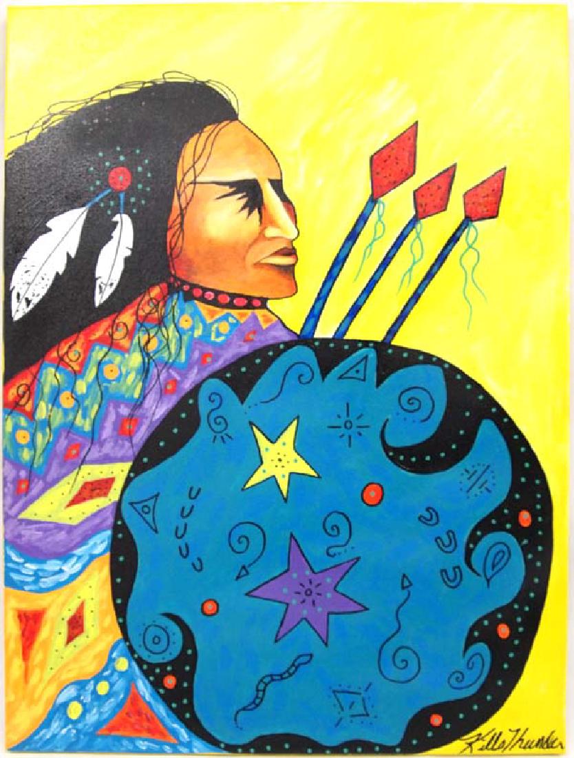 Original Acrylic Painting by Kathy Kills Thunder: Original Acrylic Painting ''Elsu'' (Miwok for Soaring Falcon) by Kathy Kills Thunder, measures 18'' x 24'' and is signed by artist, Artist Bio: Kathleen Kills Thunder (her legal name) was born in 1947