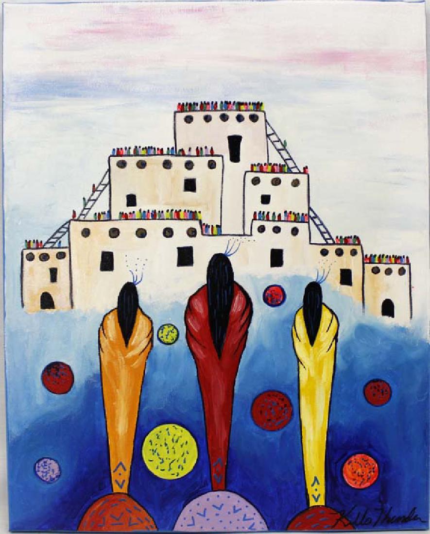Original Painting Pueblo Maidens by Kills Thunder: Original Acrylic Painting Pueblo Maidens by Kills Thunder, measures 16'' x 20'', signed by artist, Artist Bio: Kathleen Kills Thunder (her legal name) was born in 1947 in Seattle, WA. Her father, Ben 