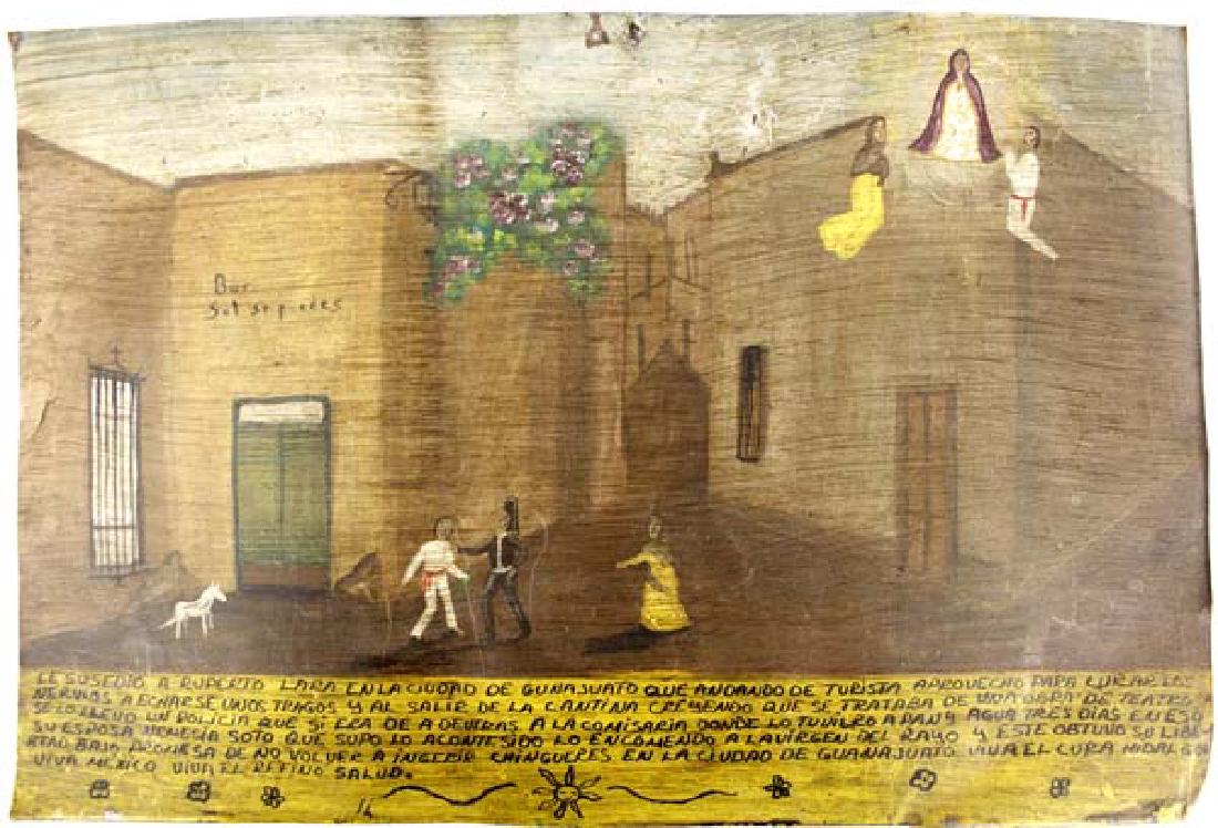 Vintage Mexican Tin Ex Voto Retablo: Vintage Mexican Tin Ex Voto Retablo, measures 11.75'' x 7.75'', on the back of the retablo is the story behind it, FYI: ''Many are ex-votos (''from a vow'') that depict the story that led to their com