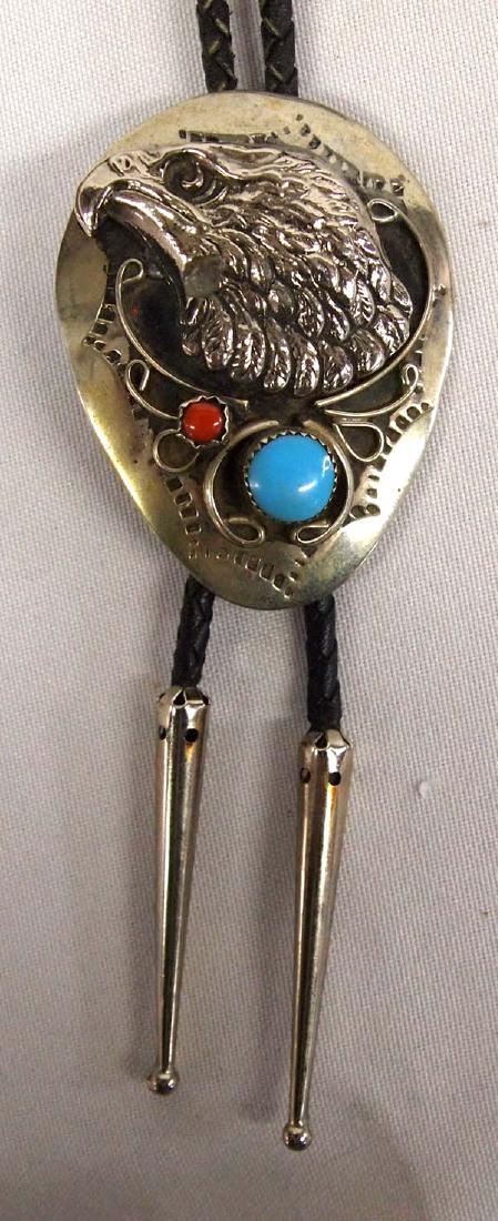Vintage Navajo Silver Turquoise Coral Eagle Bolo (1 of 2)