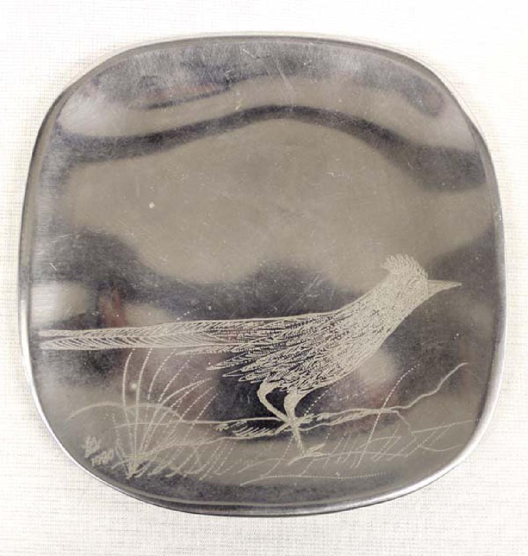 1980 Nambe Incised Roadrunner Tray #710: 1980 Nambe Incised Roadrunner Tray #710, hallmarked and measures 5'' x 5'', initialed by artist