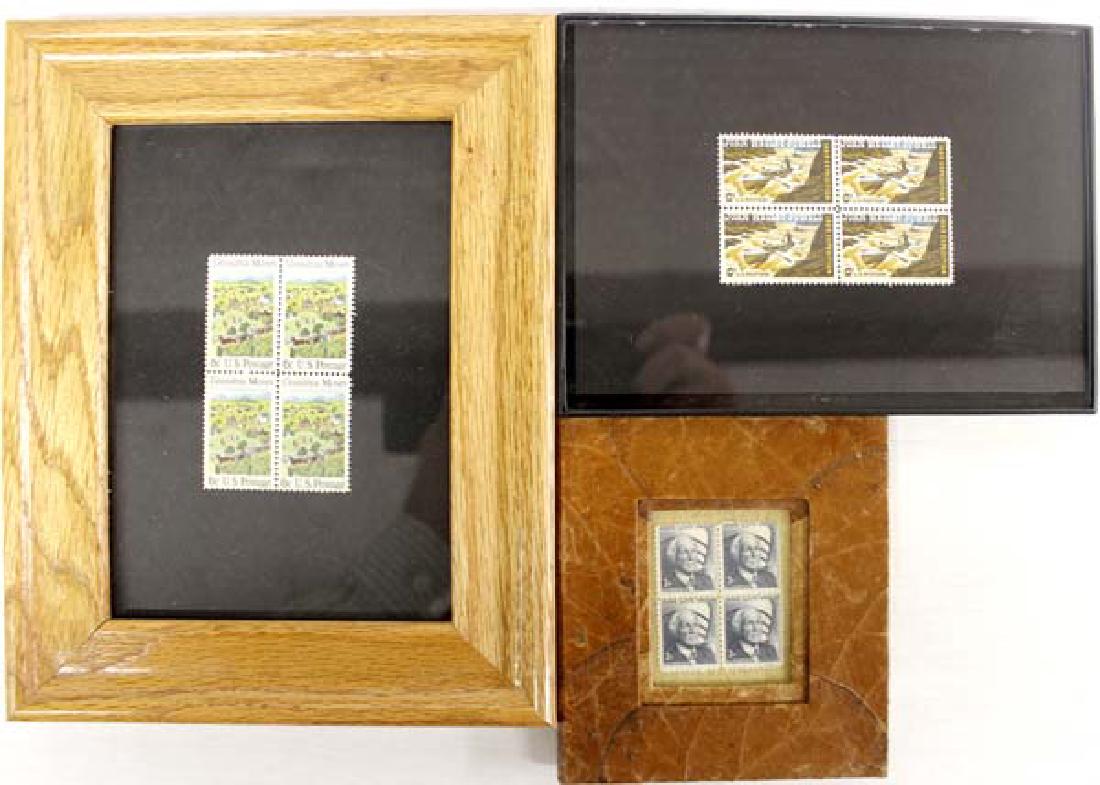 Collection of Vintage Framed Stamps: Collection of Vintage Framed Stamps, includes #1 Four 6 cent John Wesley Powell U.S. Postage Stamps measuring 4.5'' x 4.5'' #2 Four 2 Cent Frank Lloyd Wright U.S. Postage Stamps measuring 7.5'' x 4.5'