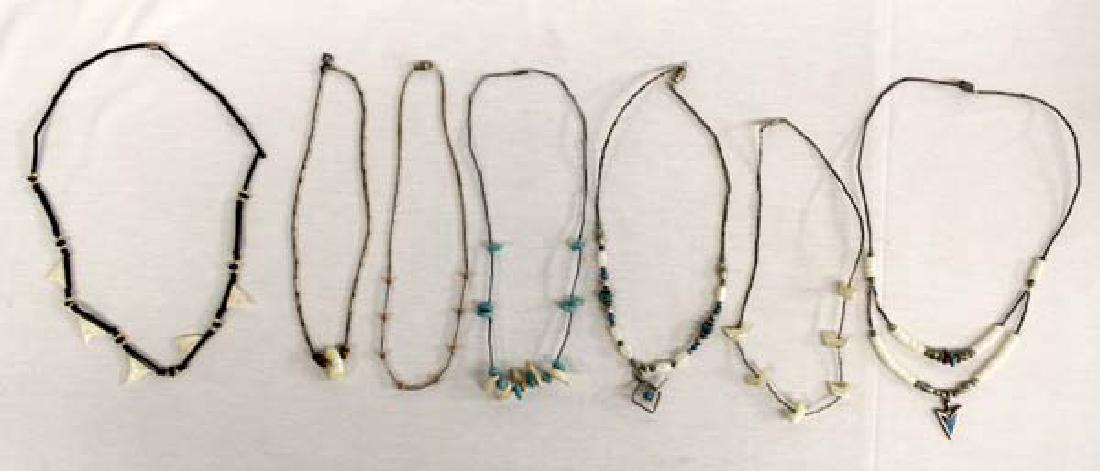 7 Native American Navajo Sterling Choker Necklaces: 7 Native American Navajo Sterling Choker Necklaces, longest measures 20''L end to end, includes shell heishi, bird fetishes, turquoise, shark's teeth, sterling beads, and mother of pearl beads