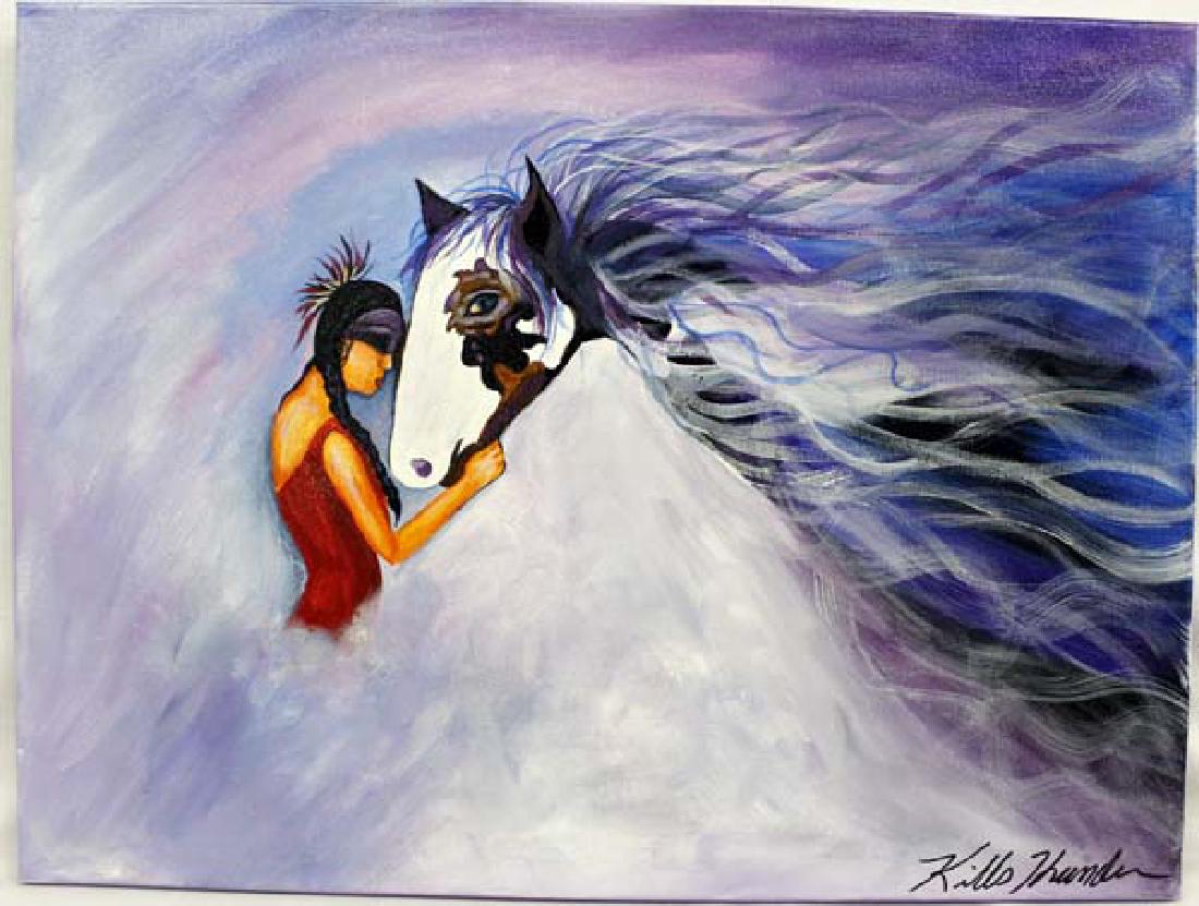 Original Painting Aquene by Kathy Kills Thunder: Original Acrylic Painting Aquene by Kathy Kills Thunder, measures 18'' x 24'' and is signed by artist, Artist Bio: Kathleen Kills Thunder (her legal name) was born in 1947 in Seattle, WA. Her father, 