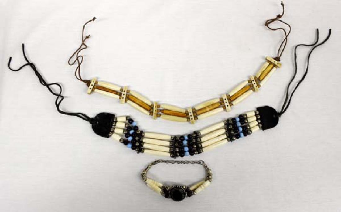 2 Native American Cherokee Chokers and 1 Bracelet: 2 Native American Cherokee Hare Pipe Bone Chokers and 1 Bracelet, chokers measure 12''L end to end x 2''W