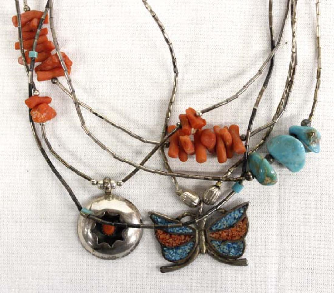 5 Navajo Liquid Silver Choker Necklaces: 5 Native American Navajo Liquid Silver Choker Necklaces, measure 16''L end to end, features chip inlay turquoise and coral, branch coral, turquoise nuggets, and turquoise heishi