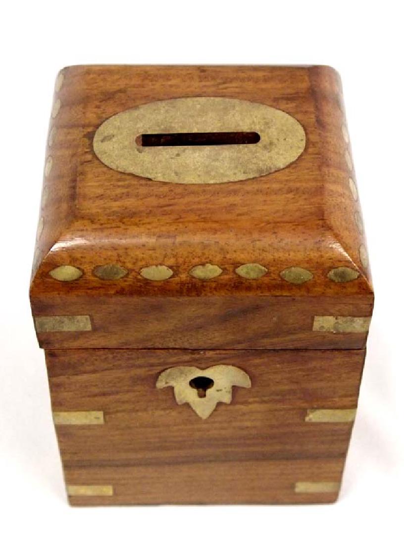 Walnut Wood and Brass Inlay Bank with Key: Walnut Wood and Brass Inlay Bank with Key, measures 5'' x 3.25'' x 3.25''