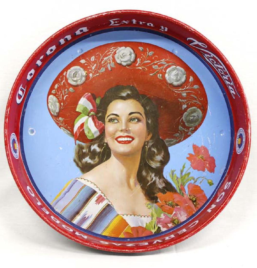 Vintage Corona Metal Beer Tray: Vintage Corona Metal Beer Tray, measures 12''D, has older style crimping on tray's rim