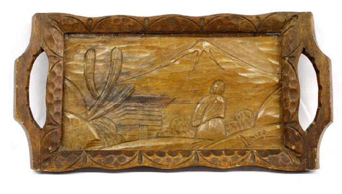 Vintage Hand Carved Mexican Wood and Glass Tray: Vintage Hand Carved Mexican Wood and Glass Tray, measures approx. 20"L x 10"W. Oornately carved, double handled, nice thick heavy wood, depicts desert scene