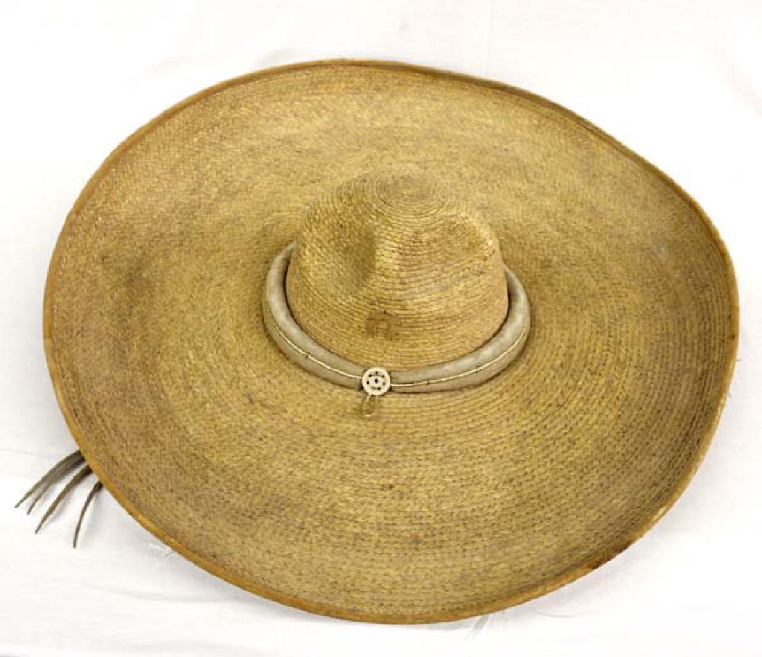 1940 Mexican La Guadalupana Straw Sombrero: 1940's Mexican La Guadalupana Straw Sombrero, very large at 20''D, suede trimmed brim and suede hatband