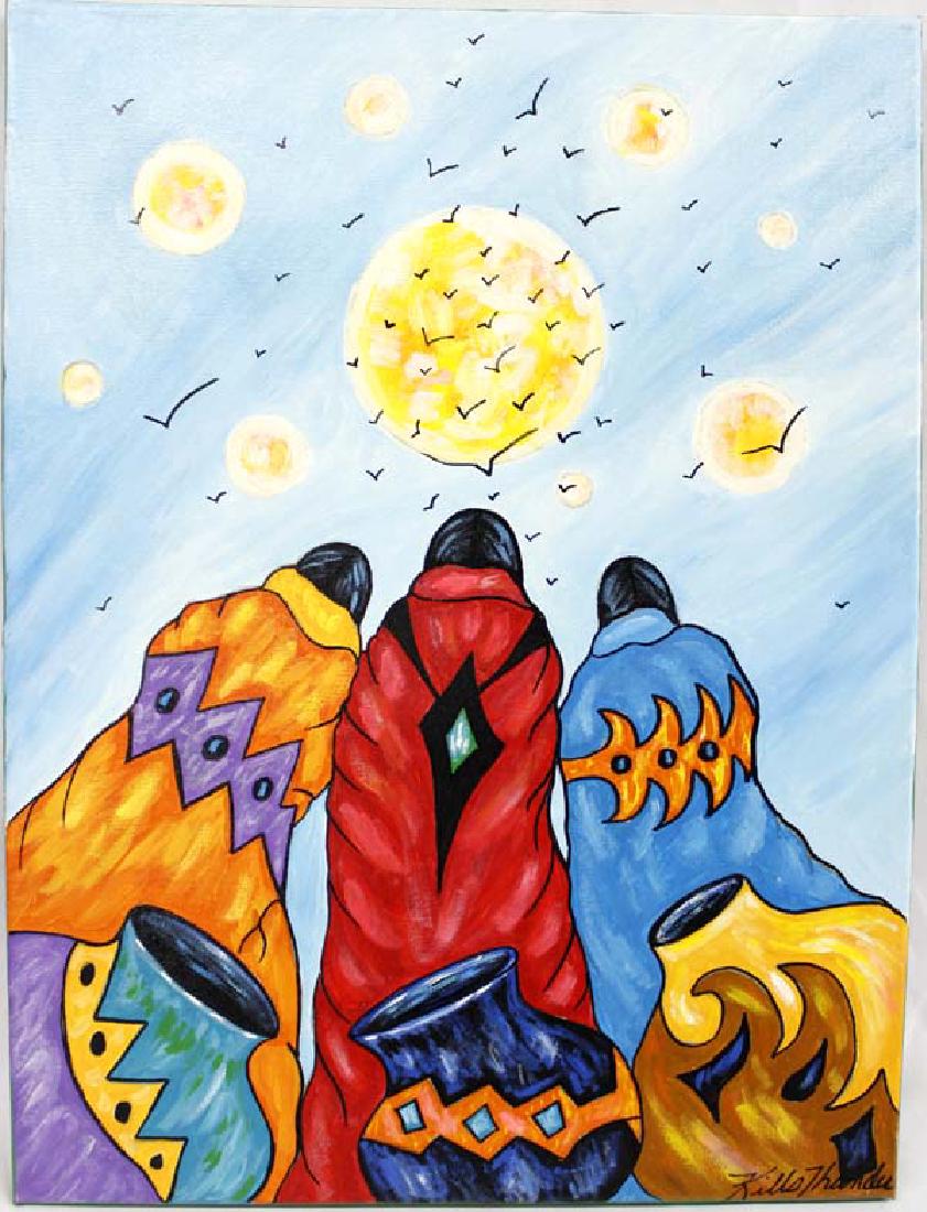 Original Acrylic Painting by Kathy Kills Thunder: Original Acrylic Painting ''Zitkala'' (Bird) by Kathy Kills Thunder, measures 18'' x 24'' and is signed by the artist, Artist Bio: Kathleen Kills Thunder (her legal name) was born in 1947 in Seattle, 